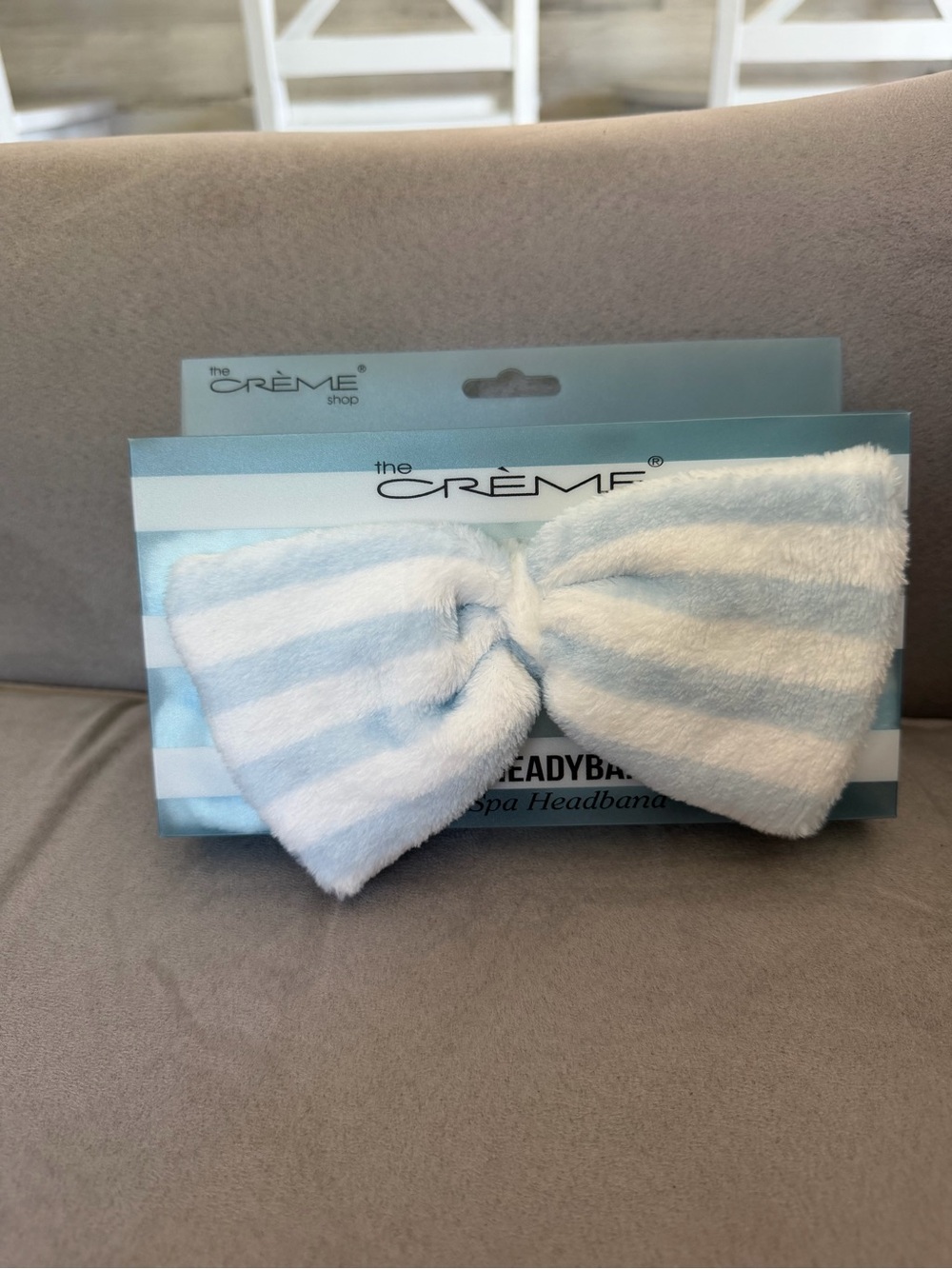 The crème shop plush spa headband, blue and white stripe